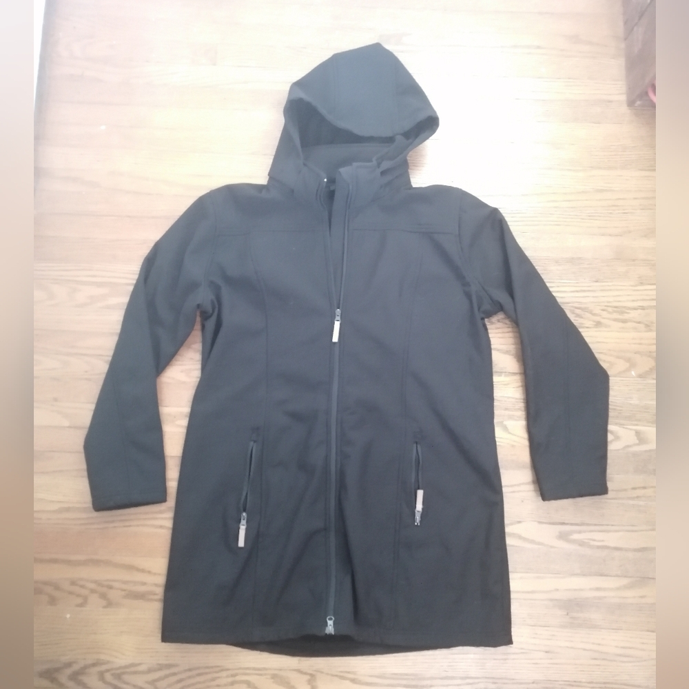 EUC Black Hooded Fleeced Neoprene Type Wind Breaker Fall Jacket XL Trenchcoat